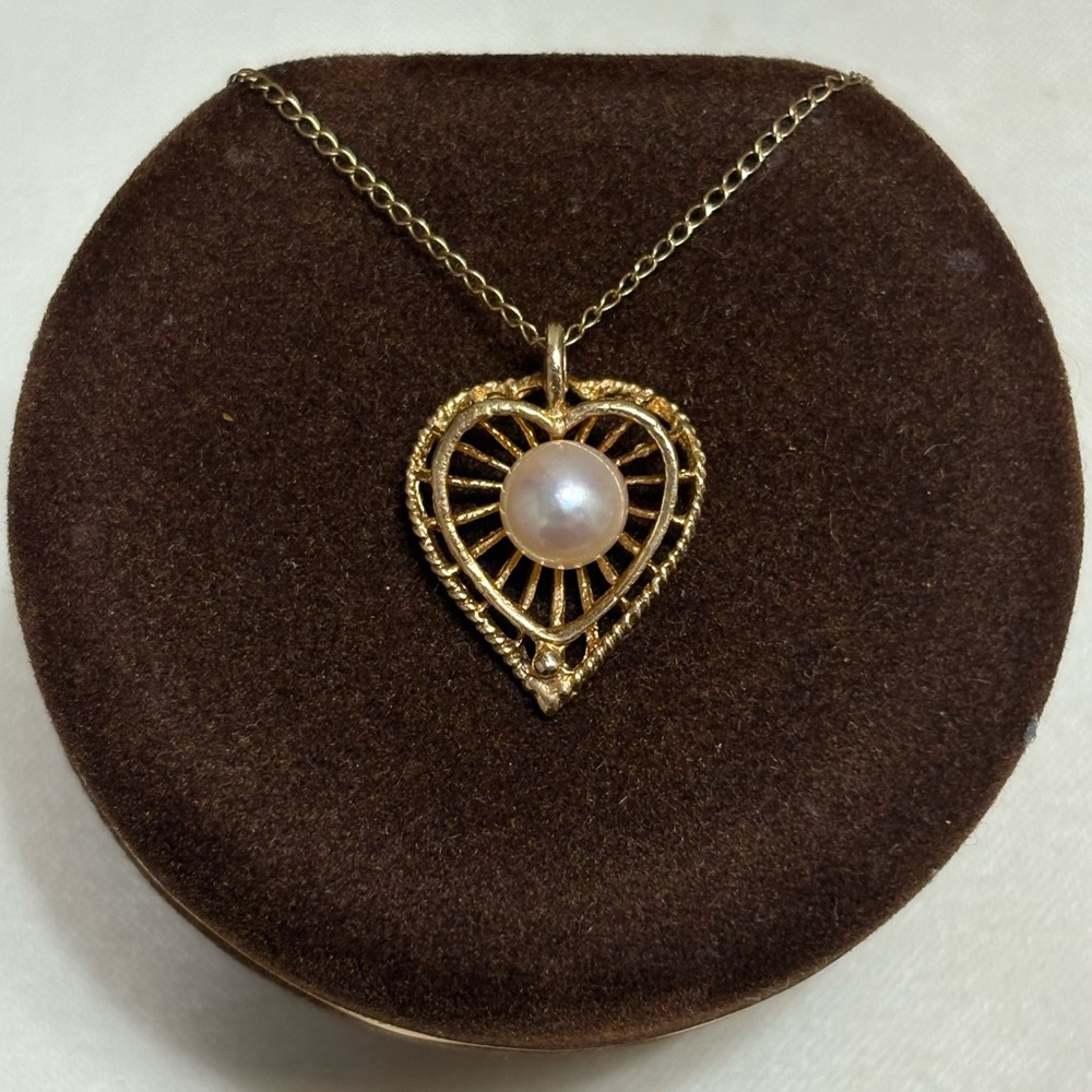 Vintage 14k Gold Heart Basket Pearl Necklace - Picture 1 of 6